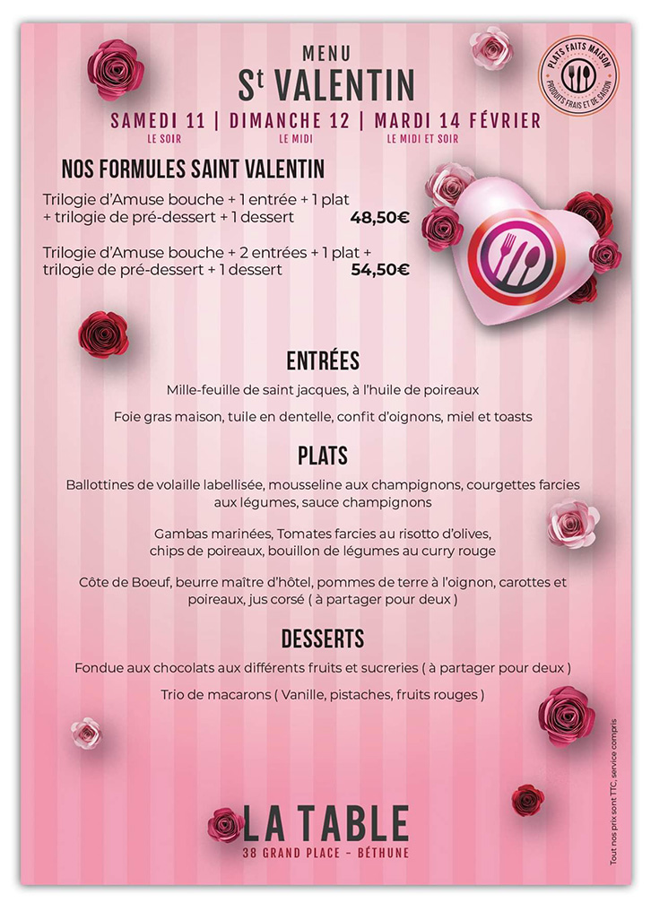 Saint Valentin - Menu du 14 Février - La Table - Restaurant Bethune
